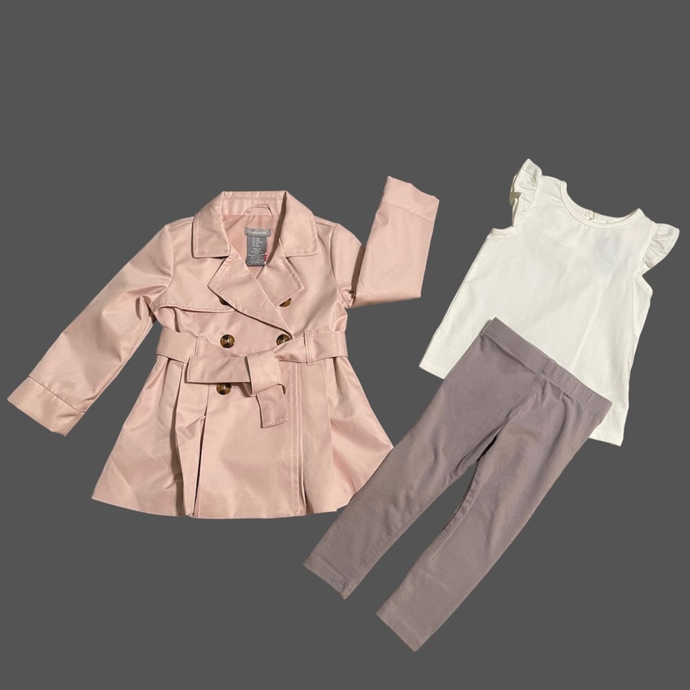 Three piece trench coat girls outfit.